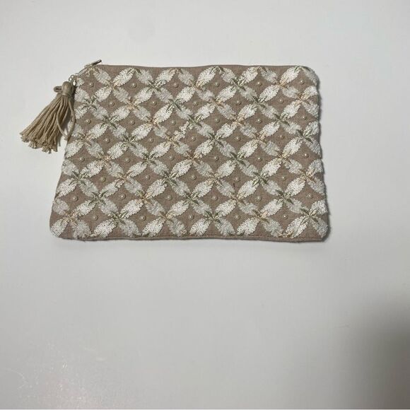 Boho Pearl Embroidered Hand Bag Cosmetic Bag W/ Tassel Zipper Closure - Picture 14 of 16